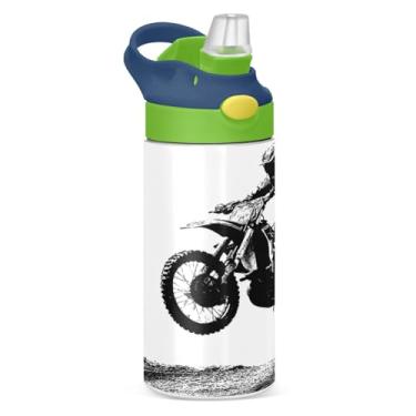 Imagem de JUZIHAI Garrafas de água infantil Motocross Rider Garrafa de aço inoxidável isolada a vácuo com tampa de palha, copo de viagem à prova de vazamento