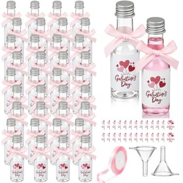 Imagem de Qinyoung Pacote com 36 mini garrafas de bebidas Galentines Day de 50 ml, 36 mini garrafas de álcool de plástico com tampa prateada, 50 adesivos de etiqueta, 2 funis herméticos, 1 rolo de fita rosa