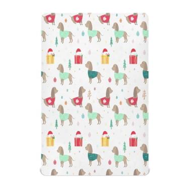 Imagem de JUZIHAI Lençol de berço 132 x 71 cm, suéter de Natal com dachshund macio, respirável, elástico para meninos, meninas, lençol de castelo para berço padrão e cama de criança pequena