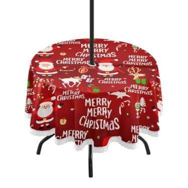 Imagem de Qilmy Toalha de mesa redonda impermeável de Papai Noel de 152 cm com orifício para guarda-chuva e zíper – uso externo / interno resistente para pátio, churrascos, piqueniques, festas (serve para mesas