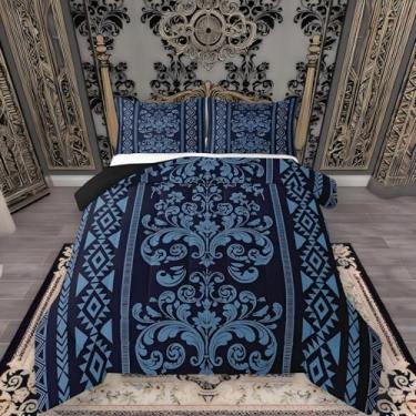 Imagem de ArtfulHome Conjunto de edredom Queen ocidental decoração vitoriana, azul marinho, damasco, geométrico, asteca, vintage, floral, gótico, vintage, decoração boho, triângulo de diamante