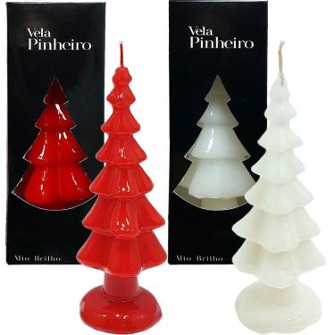 Imagem de Velas Decoração Pinheiro Natal Vermelho Branco 20cm Kit 2pçs