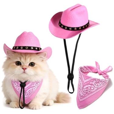 Imagem de Fantasia de cowboy para animais de estimação, chapéu de cowboy de Halloween com cachecol bandana para decoração de festa de Halloween (rosa, pequeno)