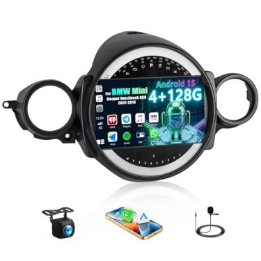 Imagem de [4 + 128 G] Rádio estéreo para carro Android 15 para BMW Mini Cooper Hatchback R56 2007-2014 com carro sem fio e Android Auto, rádio de carro de 22 polegadas com link espelhado Bluetooth FM/RDS WiFi