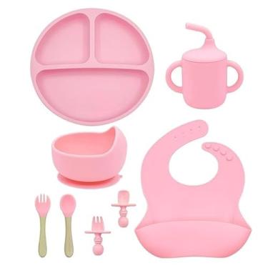 Imagem de Kit 8pçs Talheres de Silicone p/Bebê com Ventosa, Colher, Garfo, Canudo e Babador Infantil (8 pcs/rosa)