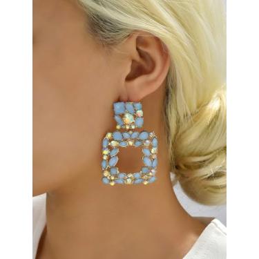 Imagem de Brincos femininos clássicos quadrados de cristal vazado para festas de fim de ano, presentes de Natal, presentes de amizade para mulheres, dia dos namorados, Medium, Latão, Sem pedra preciosa