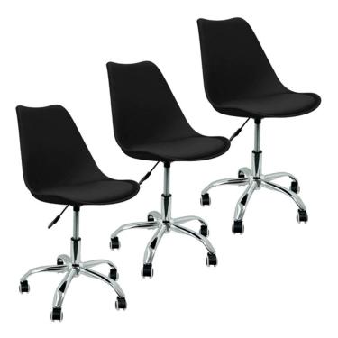 Imagem de Kit 3 Cadeiras Home Office Leda Giratória, Base Cromada com Rodízios, Regulagem de Altura,Preto