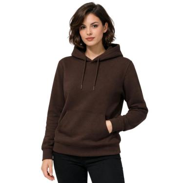 Imagem de Moletom Feminino Blusa de Frio Liso Com Capuz E Bolso Canguru Relaxado-Feminino