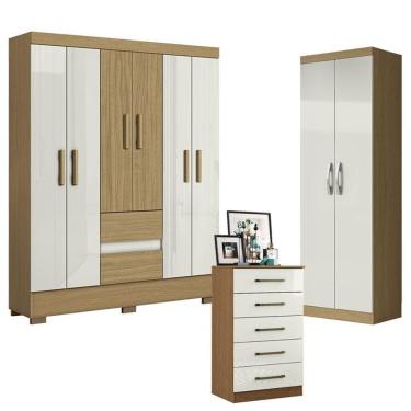 Imagem de Guarda Roupa Casal Coimbra 6 Portas 2 Gavetas MDP Atacama Off White com Armário e Cômoda Aramóveis