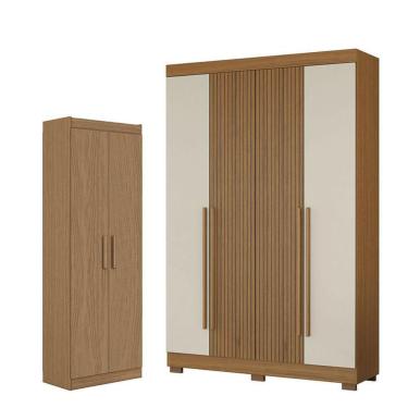 Imagem de Guarda Roupa Casal e Armário Multiuso 2030240 e 2000191 4 Portas 2 Gavetas MDP Atacama Areia Aramóveis