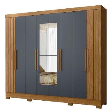 Imagem de Guarda Roupa Casal Diamante 8 Portas de Bater 4 Gavetas MDP Com Espelho Ripado Madeirado - Cinza Moval