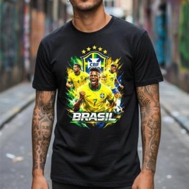 Imagem de Camiseta Masculina Brasil Futebol Seleção Estampa Jogadores Arte Urbana Tecido Leve Cas...