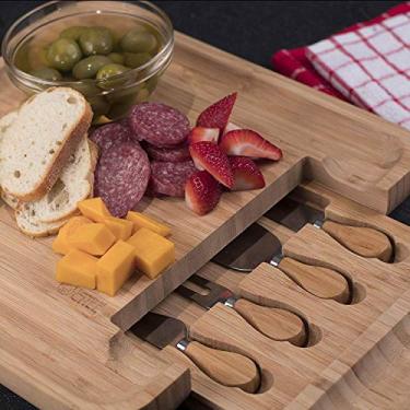 Imagem de Commercial Chef tábua de queijo premium bambu cozinha tábua de corte conjunto de madeira bandeja para servir, 4 facas de aço inoxidável e conjunto para servir, grande