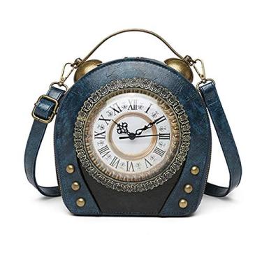 Imagem de Real Working Clock Bolsa de mão estilo Steampunk Antigo Bolsa de ombro PU Messenger, Azul, 6.3in x 7.9in x 3.4in