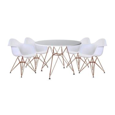 Imagem de Mesa De Jantar Redonda 90Cm Branca Com 4 Poltronas Brancas Ferro Cobre Cor: Preto
