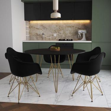 Imagem de Mesa Jantar Redonda 110Cm Preta Clips 3 Pés Com 5 Poltronas Pretas Base Dourada - Cor:...