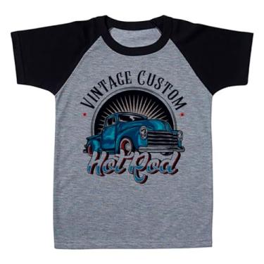 Imagem de Camiseta Raglan Infantil Cinza Carro Hot Rod Azul Vintage Custom (BR, Numérico, 12, Regular, Polialgodão)