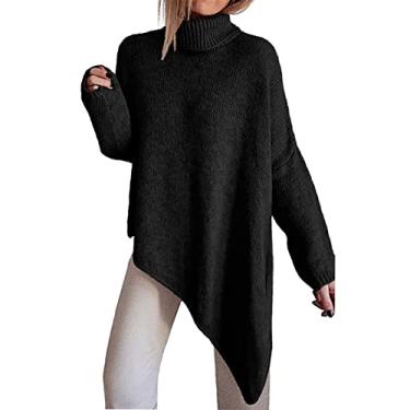 Imagem de Suéter Feminino de Gola Alta, Casual, Confortável, Manga Comprida, Fibras Acrílicas, Cor Pura, Design Canelado, Tops Femininos para Compras (S)