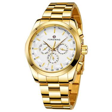 Imagem de FORSINING Relógio masculino analógico à prova d'água de quartzo, calendário, automático, com cintos de aço inoxidável, relógio de pulso, 4 - branco e dourado, Relógio de quartzo