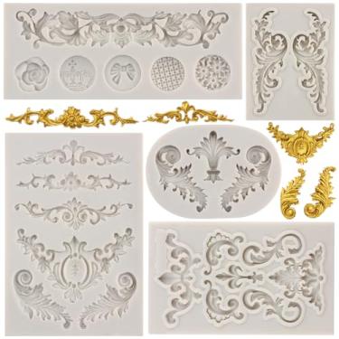 Imagem de Sijiangmold Moldes de fondant barrocos curlicues rolagem renda molde de silicone molde de filigrana 3D esculpido flores moldes de borda de bolo para decoração de bolos doces argila polímero argila chocolate pasta de goma conjunto de 5