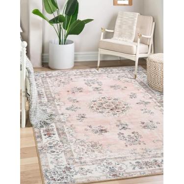 Imagem de Lahome Tapete Boho Medalhão Floral Macio Antiderrapante Lavável Rosa 90 x 150 cm para Sala de Estar, Quarto de Bebê e Meninas