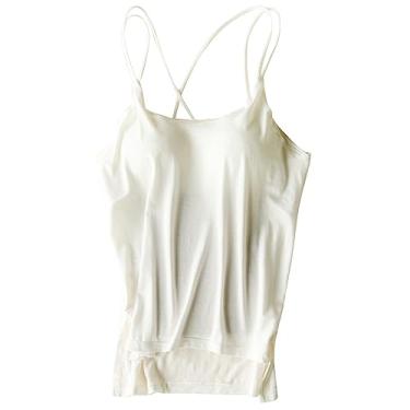 Imagem de Camisetas femininas com sutiã embutido básico de algodão ajustável alças finas com sutiã de prateleira, Branco, G