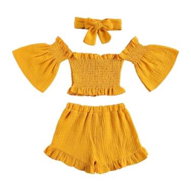 Imagem de Conjunto de shorts de manga rodada de um ombro só para meninas, cor lisa, blusa xadrez e calça, Amarelo, 4-5 Anos