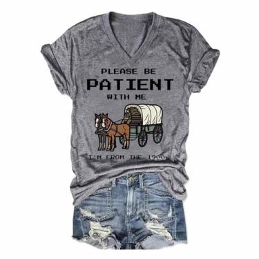 Imagem de Camiseta feminina Please Be Patient with Me I'm from The 1900s, vintage, gola V, manga curta, camisetas divertidas de verão, Azul, 3G