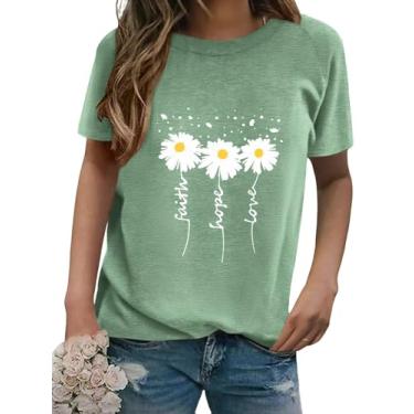 Imagem de Camisetas femininas de manga curta com gola redonda e estampa margarida verão Faith-Hope-Love Raglan Sleeve Tees Loose Fit Graphic Tops 2024, Verde claro, XXG