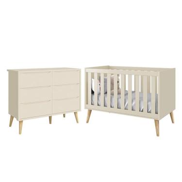 Imagem de Jogo de Quarto Infantil Theo Cômoda 6 Gavetas e Berço com Pés Madeira Natural - Reller Móveis