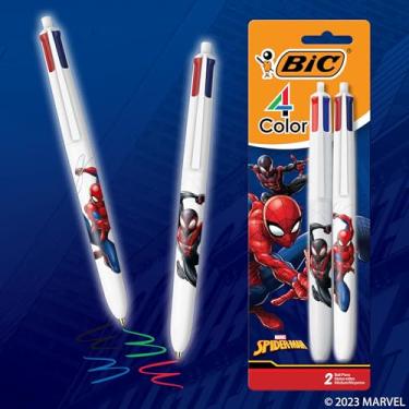Imagem de BIC Caneta esferográfica retrátil de 4 cores com design do Homem-Aranha da Marvel e ponta de 1,0 mm, 2 unidades em tinta sortida