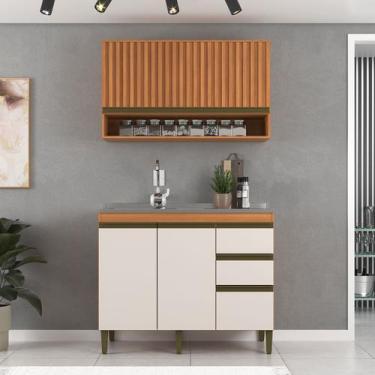 Imagem de Cozinha Compacta Cecilia 3 Portas 3 Gavetas Ripado Freijó/Off White - 