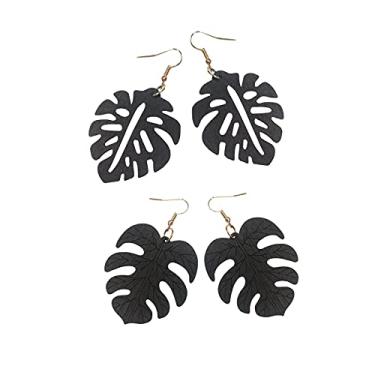 Imagem de 2 pares de brincos de pino de madeira natural folhas de monstera para mulheres meninas planta tropical folha de palmeira brincos africanos joias étnicas feitas à mão, Metal Madeira, madeira