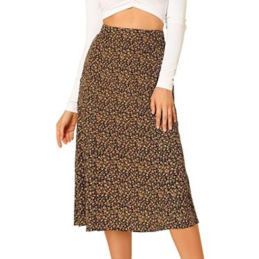 Imagem de Allegra K Saia feminina floral midi camponesa cintura elástica evasê Ditsy saia estampada, Preto, amarelo, G