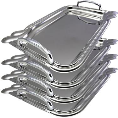 Imagem de MARO MEGASTORE (Pacote com 4 bandejas retangulares cromadas prateadas espelhadas de 40 x 28 cm, com alças, simples, simples, para festa, aniversário, casamento, sobremesa, vinho, decoração, prato