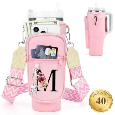 Imagem de LOKASS suporte para garrafa de água com alça para copo stanley copo de 40 onças com alça, inicial personalizada, bolsa para garrafa de água com bolso para telefone e mosquetão para acessório