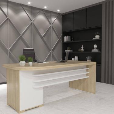 Imagem de Mesa para Escritório Robusta e Funcional 4 Gavetas Lado Direito Tamburato Carvalho/Branco