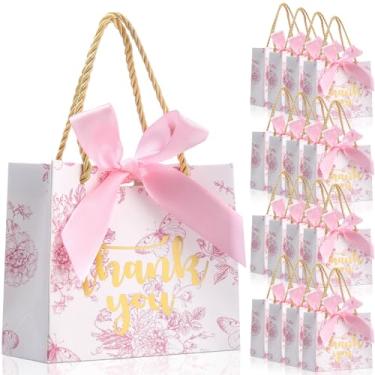 Imagem de Kolldenn 40 sacos pequenos de presente floral Thank You 12 x 13 x 6 cm em papel rosa branco para lembrancinhas de festa com alça bolsa floral chinoiserie a granel com fita para casamento, aniversário,