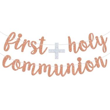 Imagem de Banner First Holy Communion – Placa de batismo para meninos/meninas, faixa religiosa para decoração de festa de chá de bebê (ouro rosa e prata)