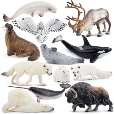 Imagem de Toymany 12 figuras grandes de animais polares de 4 a 7 polegadas, conjunto pré-escolar de brinquedo de animais árticos de plástico que inclui urso polar, caribu, baleias, morsa, decoração de bolos,