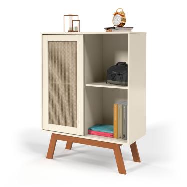 Imagem de Balcao Alto Aparador Buffet com Porta de Correr Rattan pés em Madeira Off White - Ofertamo