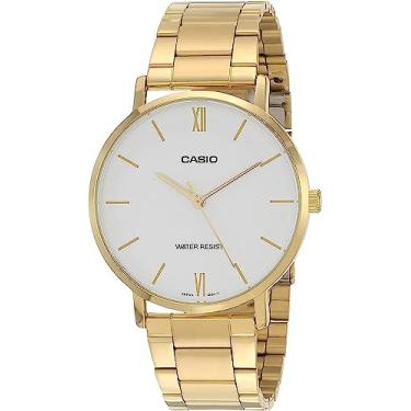 Imagem de Casio MTP-VT01G-7B Relógio analógico masculino de aço inoxidável dourado minimalista com mostrador branco com 3 ponteiros, Dourado, Relógio analógico, movimento de quartzo