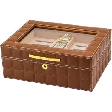 Imagem de Superfície De Couro Da Caixa De Charuto De Madeira Do Humidor Do Cedro Grande Capacidade De 50 Charutos Caixa De Armazenamento Do Charuto Com Humidificador Do Higrômetro, Brown
