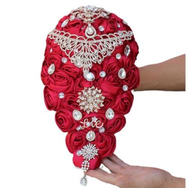 Imagem de Mhojpik Buquê de casamento luxuoso cascata de cetim rosa cachoeira segurando buquê de flores artificiais para noiva dama de honra (vermelho rubi, 38 cm x 19 cm)