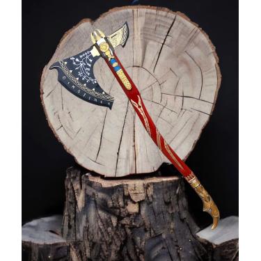 Imagem de Machado Kratos do jogo god of war machado Leviatã forjado feito à mão de aço inoxidável, machado barbudo com bainha de couro genuíno machado viking machado e cabo de madeira maciça