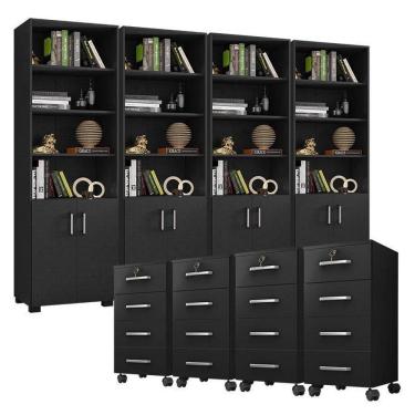 Imagem de Kit 4 Gaveteiros Para Escritório Gávea Com Chave E 4 Livreiros Office Portas Pequenas Preto Fosco – Móveis Leão