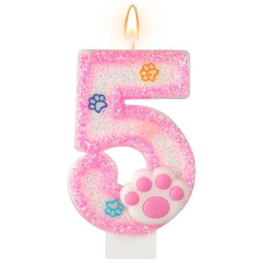 Imagem de AKURIEEY Vela de aniversário de 5 anos para cães e gatos, números rosa, 5 velas, enfeite de bolo de pata, decorações de cupcake para decoração de festa com tema de animais de estimação, artigos de