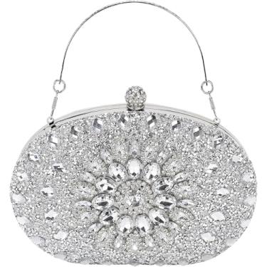 Imagem de AKEIE uxury Bolsa clutch de cristal brilhante com strass e alça de corrente no ombro para festas de casamento e coquetéis, Prata