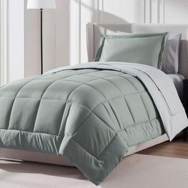 Imagem de Nestl Conjunto de edredom solteiro de 7 peças – Cama reversível verde sálvia em uma bolsa – Conjunto completo de cama de solteiro com lençóis, travesseiros alternativos de plumas, fronha e fronha