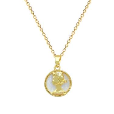 Imagem de Colar feminino com pingente de camafeu redondo banhado a ouro 14K, aço de titânio, concha delicada, pérola, relevo, berloques, corrente ajustável, elegante, joia de aniversário de aniversário